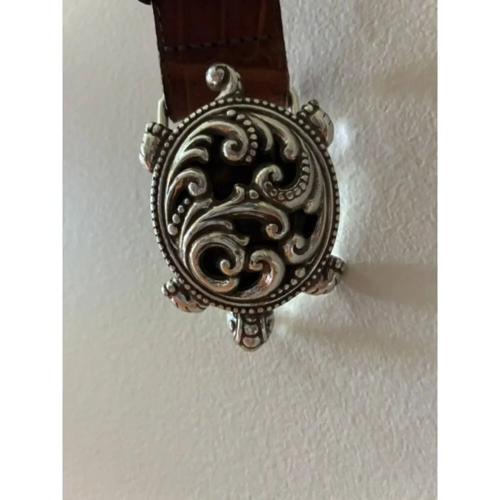 Brighton B3707 Brown Leather Belt Silver Turtle Buckle Statement